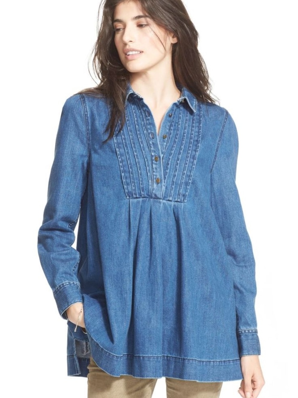 Free People Babydoll Denim Flowy Tunic Top True Blue XS/S